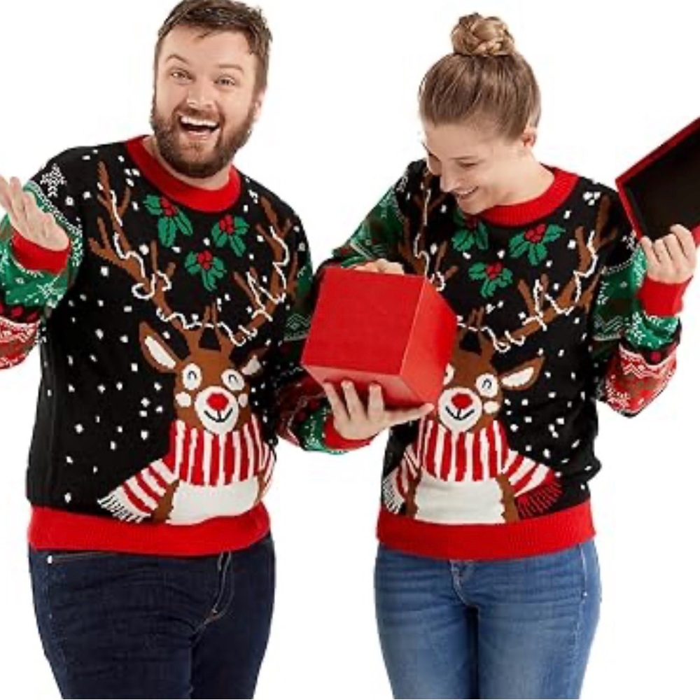 Off The Rack Knit Ugly Christmas Sweater Unisex With Light-up Reindeer